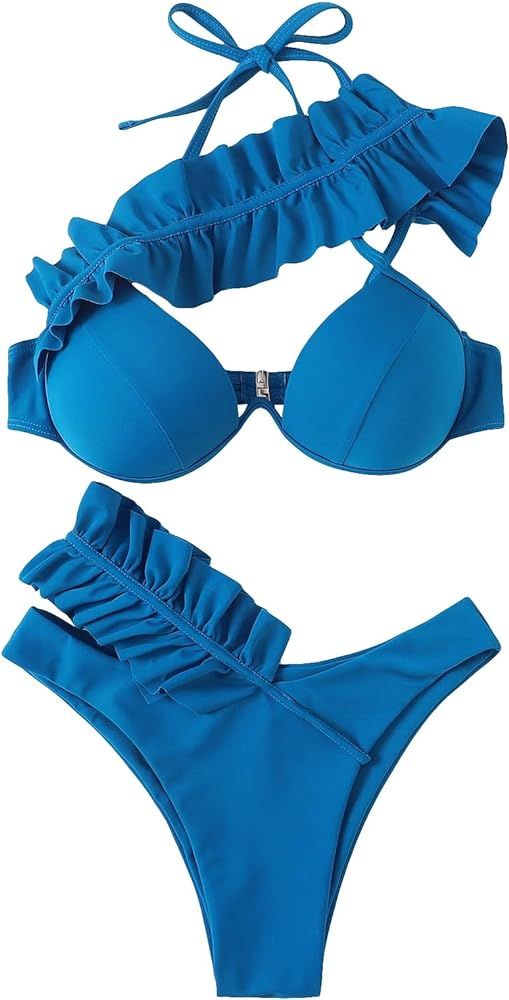 WDIRARA Women's Ruffle Trim Push Up Halter Bikini Set Swimsuit 2 Piece Bathing Suit | Amazon (US)