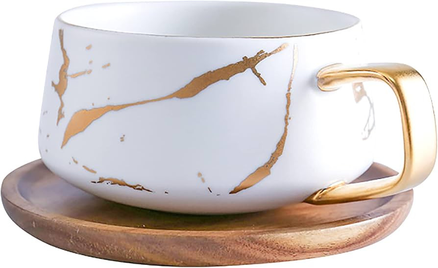 LUCCK 12oz Ceramic Marble Tea Cup with Wooden Saucer Ceramic Coffee Cup Cappuccino Cup Luxury Gol... | Amazon (US)