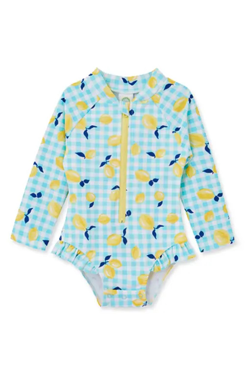 Little Me Lemon Gingham Rashguard One-Piece Swimsuit in Blue at Nordstrom, Size 18M | Nordstrom