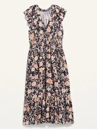 Waist-Defined Flutter-Sleeve Floral-Print Smocked Midi Dress for Women | Old Navy (US)