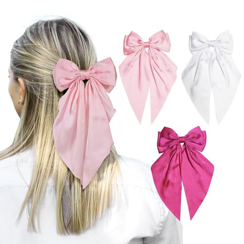 FOSROM 3 Pcs Hair Bows for Girls Hair Ribbons for Woman Pink Bow Girls Hair Bows for Women Ribbon for Hair Hot Pink Bow Girls White Hair Bow Hair Accessories for Woman(Rose, White, Pink) | Amazon (US)