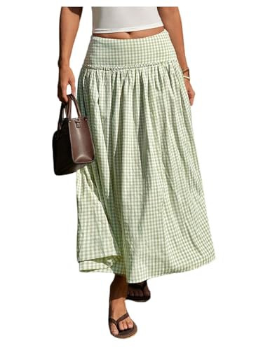 MakeMeChic Women's Plaid Gingham Maxi Long Skirt Ruffle A Line Skirt Green X-Large | Amazon (US)