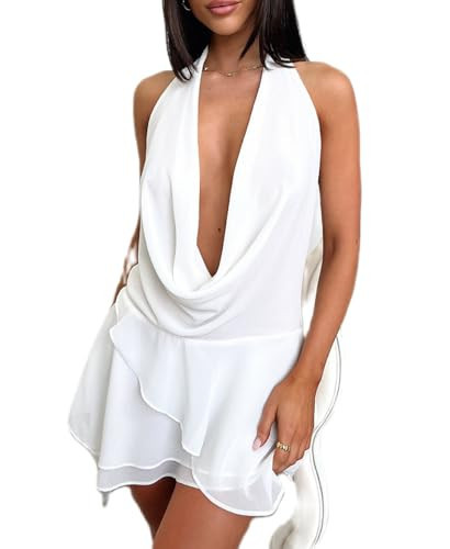 Women Y2K Halter Neck Mini Dress V Neck Floral Going Out Dress Sexy Open Back Satin Bodycon Party Dresses | Amazon (US)