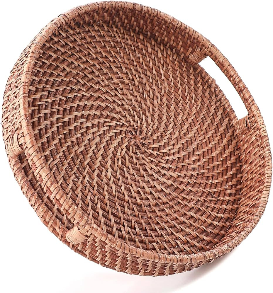 HITOMEN 11.8'' Hand-Woven Round Rattan Serving Tray Decorative Wicker Trays with Handles for Coff... | Amazon (US)