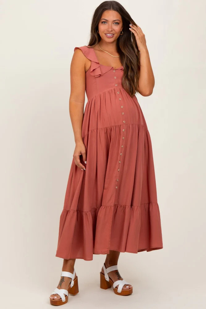 Rust Button Front Ruffle Square Neck Maternity Midi Dress | PinkBlush Maternity