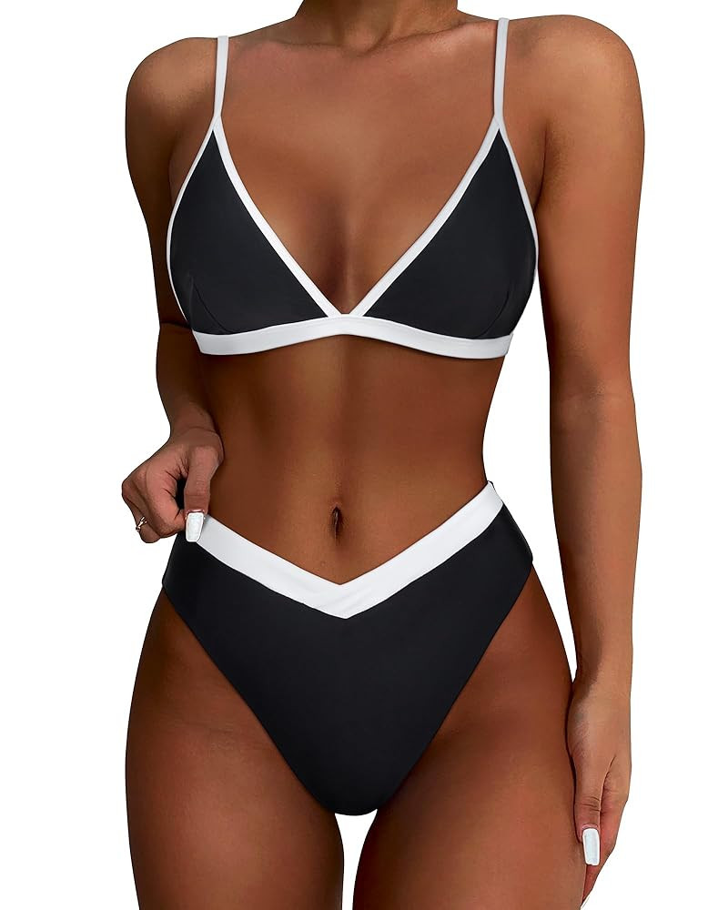 SUUKSESS Women Triangle High Cut Bikini Sets Sexy High Waisted 2 Piece Swimsuit | Amazon (US)