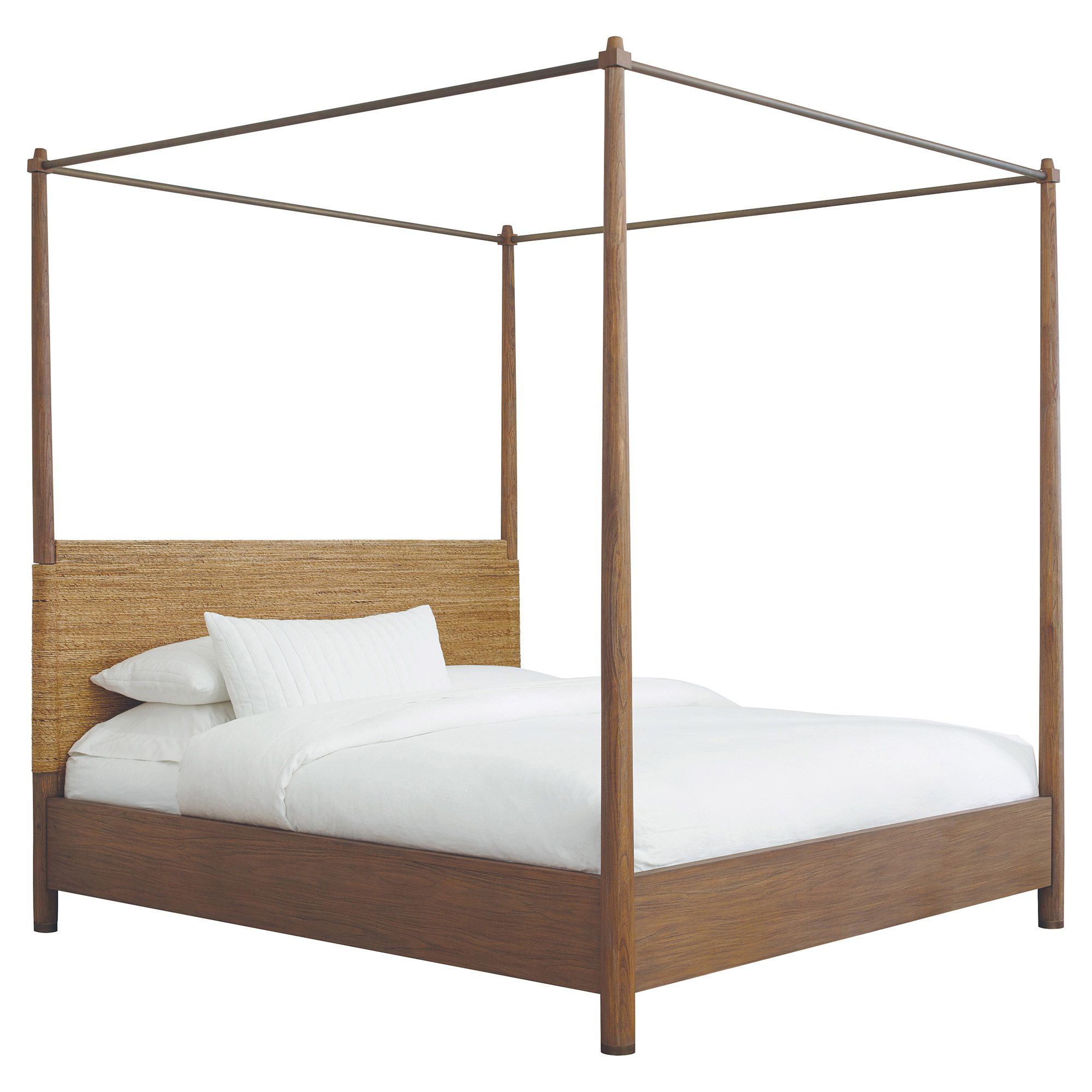 Germaine Coastal Beach Woven Abaca Teak Wooden Canopy Bed - Queen | Kathy Kuo Home