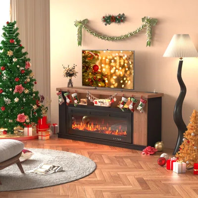 Brayden Studio® 70" Tv Stand With 50" Electric Fireplace, Tv Stand With Light Strips And Sockets For Tvs Up To 80", Media Entertainment Center Console | Wayfair North America