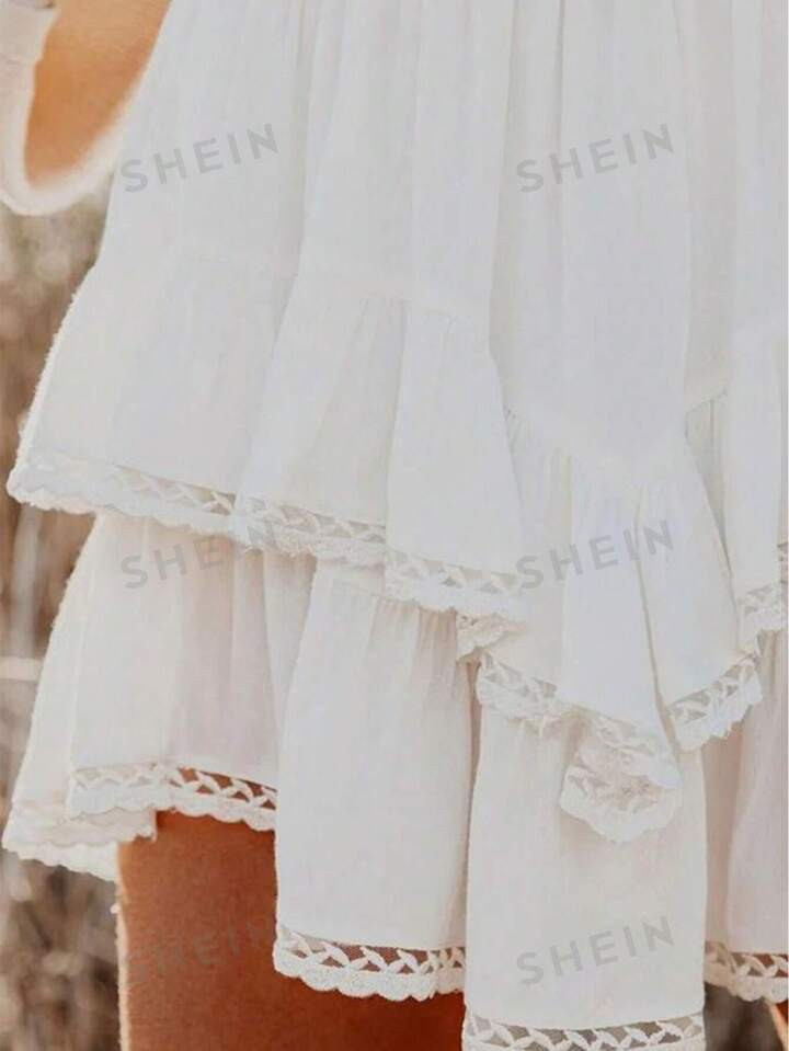 evoluSHEINPoéselle Summer High-Waisted Ruffled Hem Skirt With Spliced ​​Lace, Suitable For S... | SHEIN