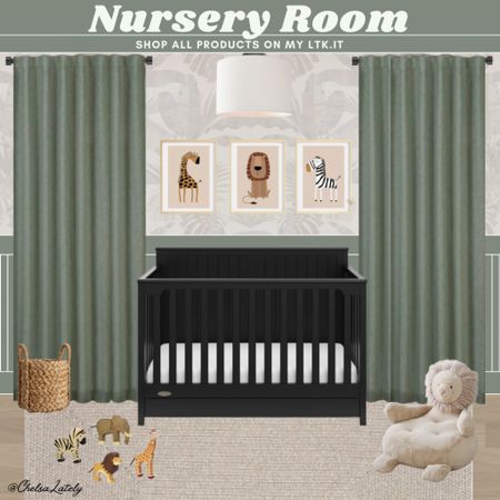 Transform your little one's nursery into a wild and adventurous paradise with this curated moodboard featuring a palm leaves wallpaper, black crib, lion lounge chair, wild animal art prints, toys, jute basket, green curtains, and more. The muted green palette sets the perfect safari tone for your baby boy's first exploration of the world.

#LTKhome #LTKbaby #LTKbump