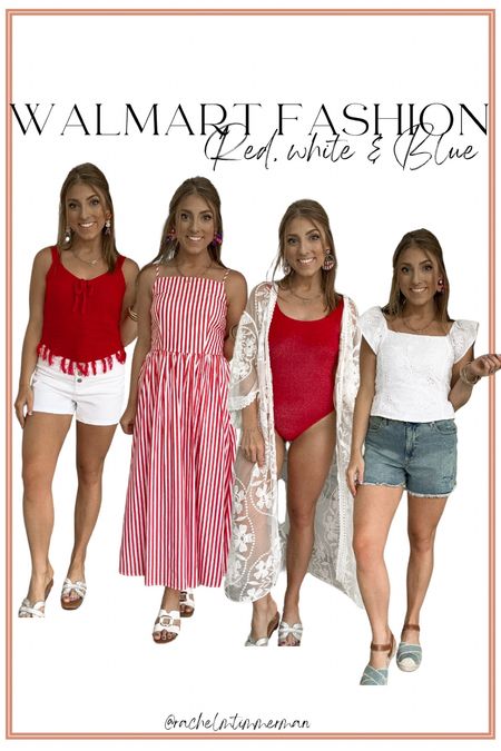 Sharing some Walmart red white and blue looks perfect for all things summer 🙂 tops, dresses  swimwear and pairing them all with the cutest Amazon fashion earrings. I love repping some patriotic this time of year ❤️🤍💙 

Memorial Day. July 4th. Patriotic style. Walmart fashion. Outfit ideas. LTK under 50. 