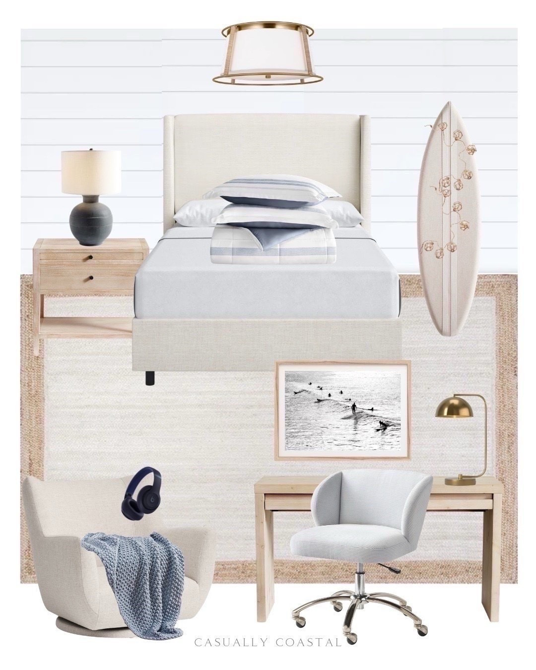 Teen Boy Bedroom 

Coastal bedroom, coastal bed, coastal bedding, coastal desk, pottery barn nightstand, wood nightstand, wayfair rug, bedroom rug, neutral rug, jute off white rug, full length surfboard pinboard, jute wrapped orbs garland, Tully upholstered bed, framed Malibu surf print, black and white coastal artwork, coastal quilt set, flush mount, wingback swivel desk chair, coastal desk chair, ceramic table lamp, writing desk, metal table lamp, brass lamp, textured weave low swivel chair, seed stitch throw, blue throw blanket, Beats Studio pro, upholstered office chair, woven hamper, chambray bean bag lounger, blue quilt set

#LTKHome #LTKKids