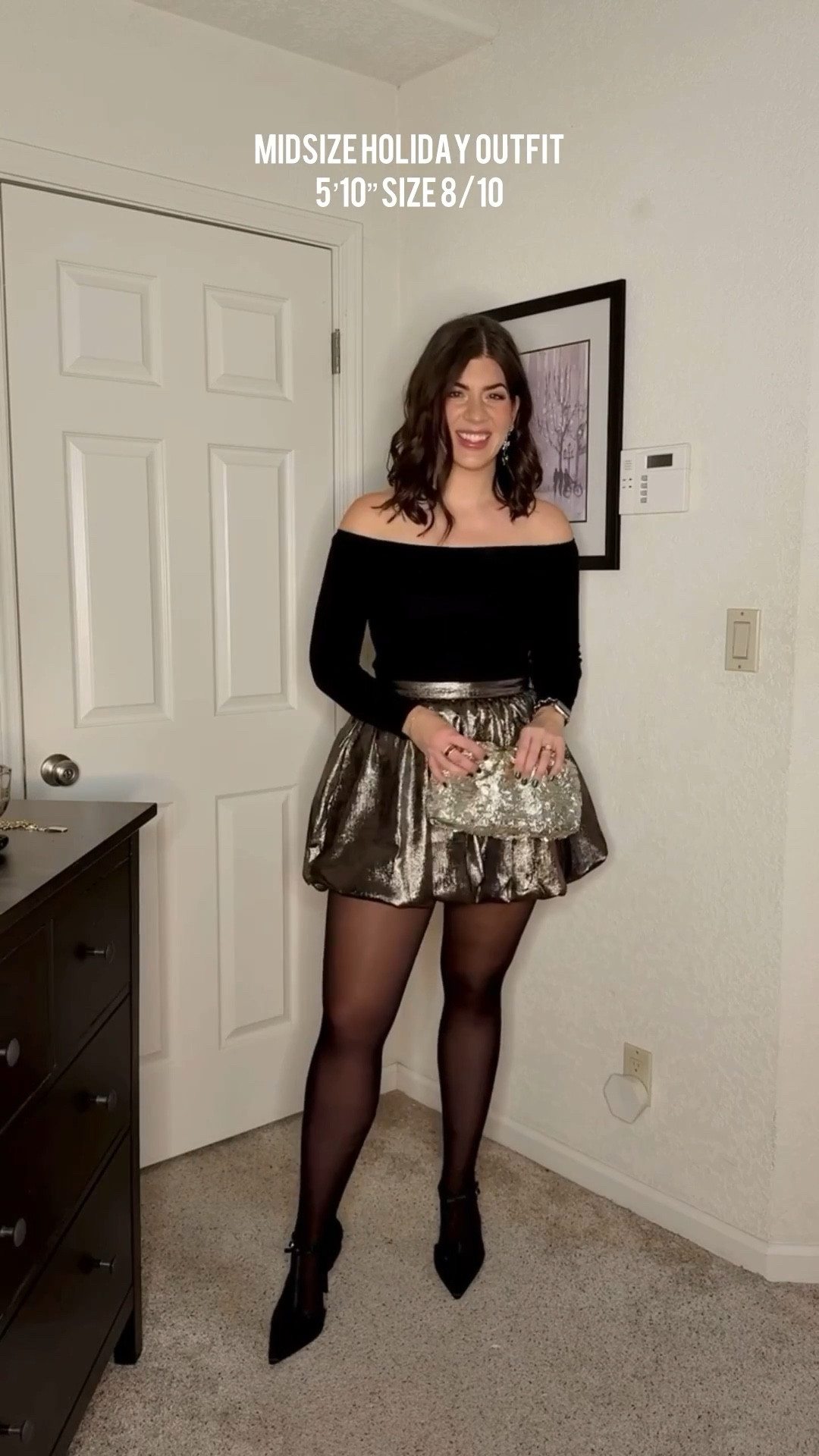 Holiday party look In a medium off shoulder, long sleeve black tee In an 8 metallic miniskirt Medium types Satin bow heels

Bubble skirt, holiday look, Christmas outfit, sheer tights, holiday inspo 

#LTKMidsize #LTKOver40 #LTKHoliday