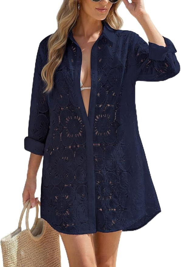 CiCiBird Women Swimsuit Coverup Blouse Eyelet Bathing Suit Cover Up Button Down Shirtdress Long S... | Amazon (US)