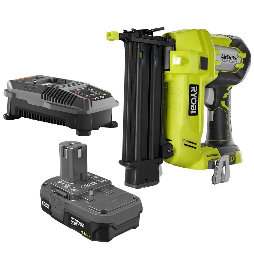 Ryobi 18-Volt ONE+ Lithium-Ion Cordless AirStrike 18-Gauge Brad Nailer with (1) 1.5 Ah Battery and ( | The Home Depot