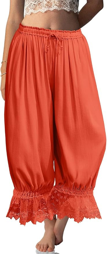 TARSE Women Linen Lace Trim Long Bloomers Pants Ruffle Victorian Vintage Pantaloons Summer Beach ... | Amazon (US)