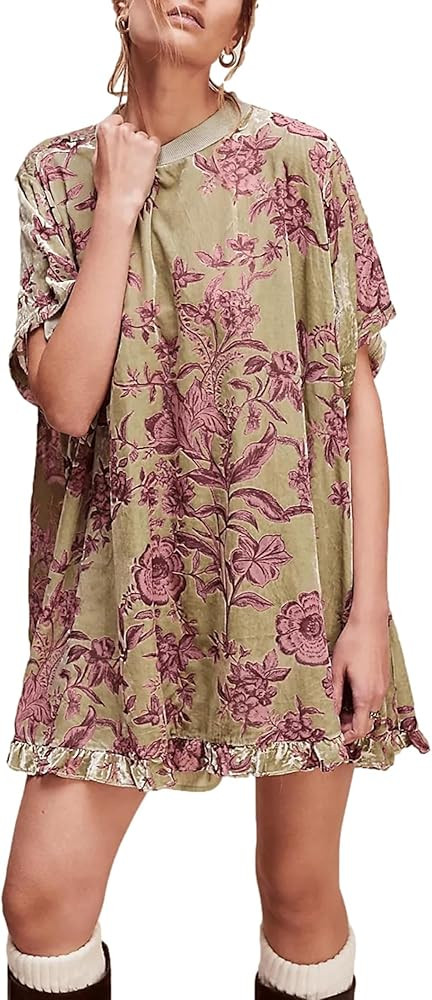 Womens Summer Vintage Velvet Dress Floral Printed Mini Flowy Dress Round Neck Short Sleeve Boho D... | Amazon (CA)
