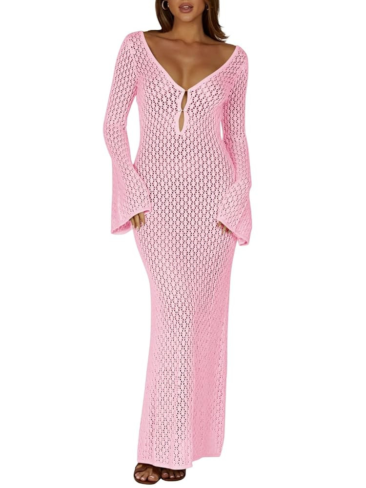 Saodimallsu Womens Crochet Maxi Cover Up Dress Beach Swim Vacation Coverups Long Sleeve Sexy Body... | Amazon (US)