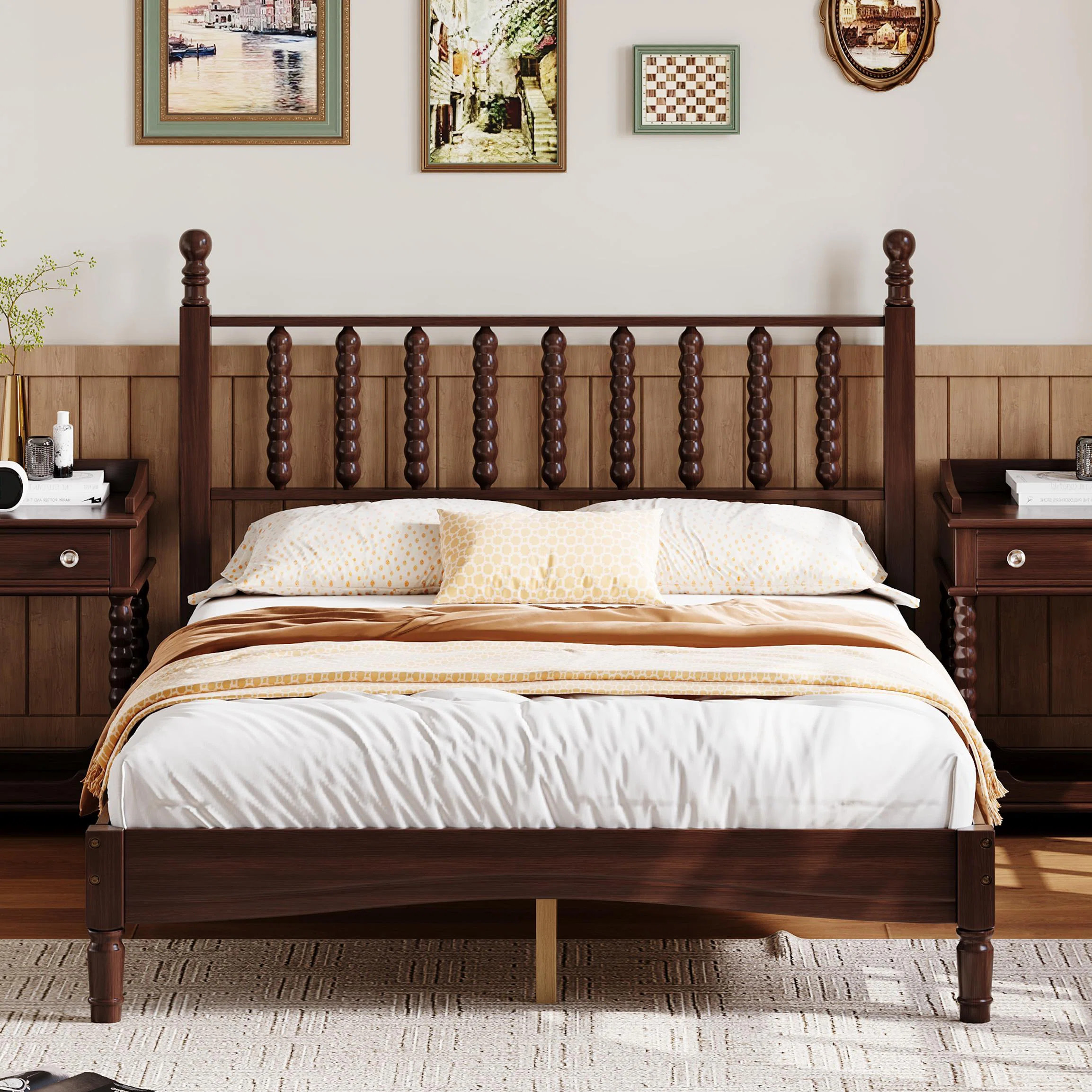 Alvara Retro Wood Platform Bed with Gourd-Shaped Headboard and Wooden Slat Support | Wayfair North America