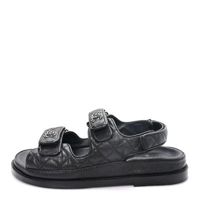 Grained Calfskin Velcro Dad Sandals 37 Black | FASHIONPHILE (US)