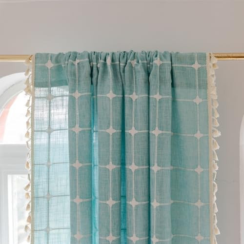 Deeprove Green Boho Curtains 84 Inches Long for Bedroom Nursery Room, Cotton Linen Teal Plaids Em... | Amazon (US)