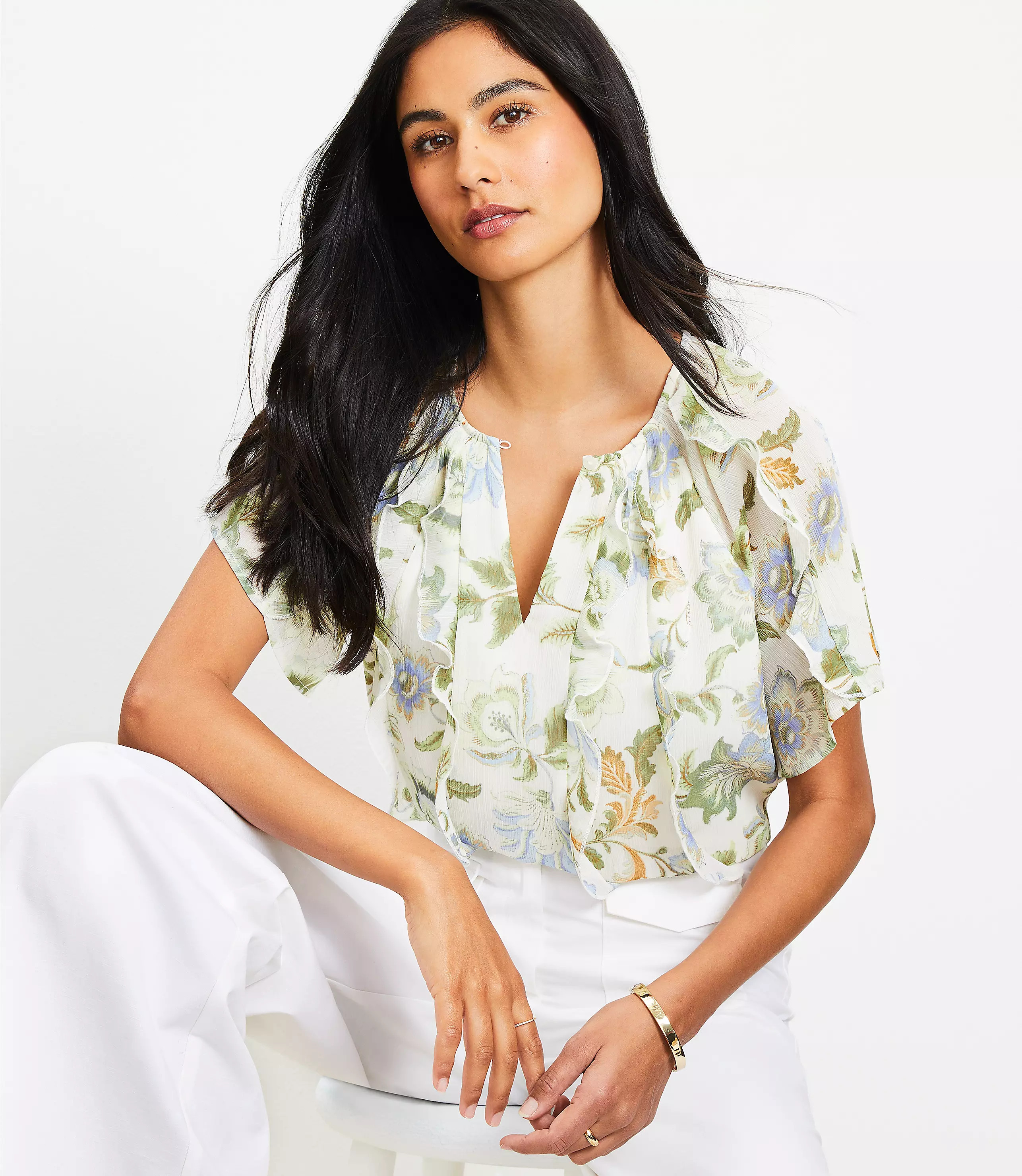 Floral Ruffle Flutter Sleeve Top | LOFT