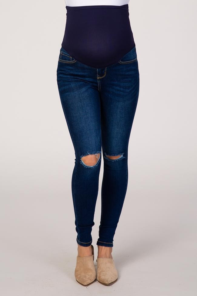 PinkBlush Navy Blue Medium Wash Ripped Knee Maternity Jeans | PinkBlush Maternity