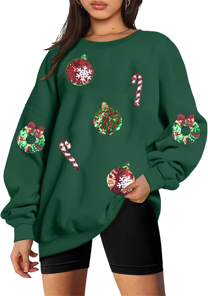 JINTING Sequined Christmas Sweatshirt Women Xmas Graphic Pullover Sweatshirt Oversized Striped To... | Amazon (US)