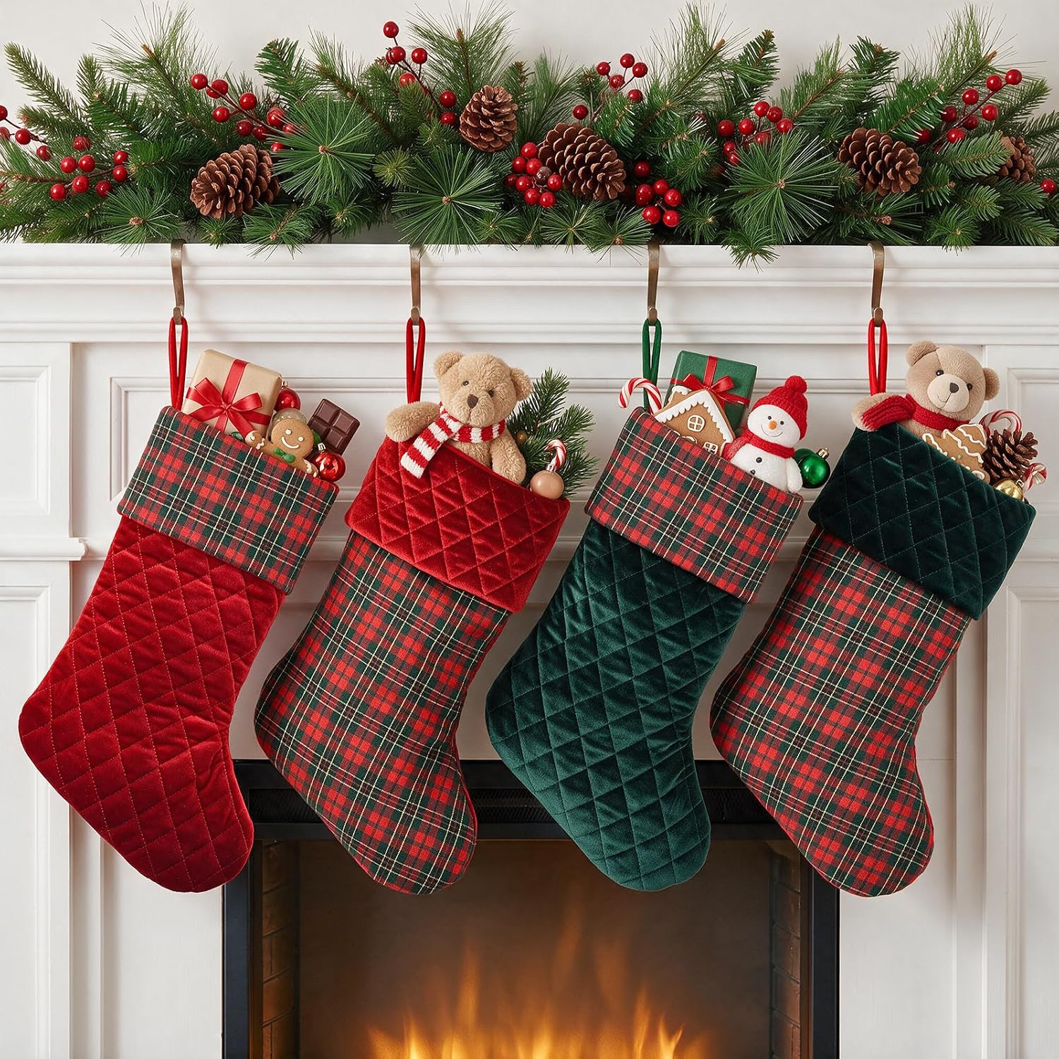 4 Pack Christmas Tartan Plaid Stockings, 18 Inch Velvet Fireplace Stockings | Amazon (US)