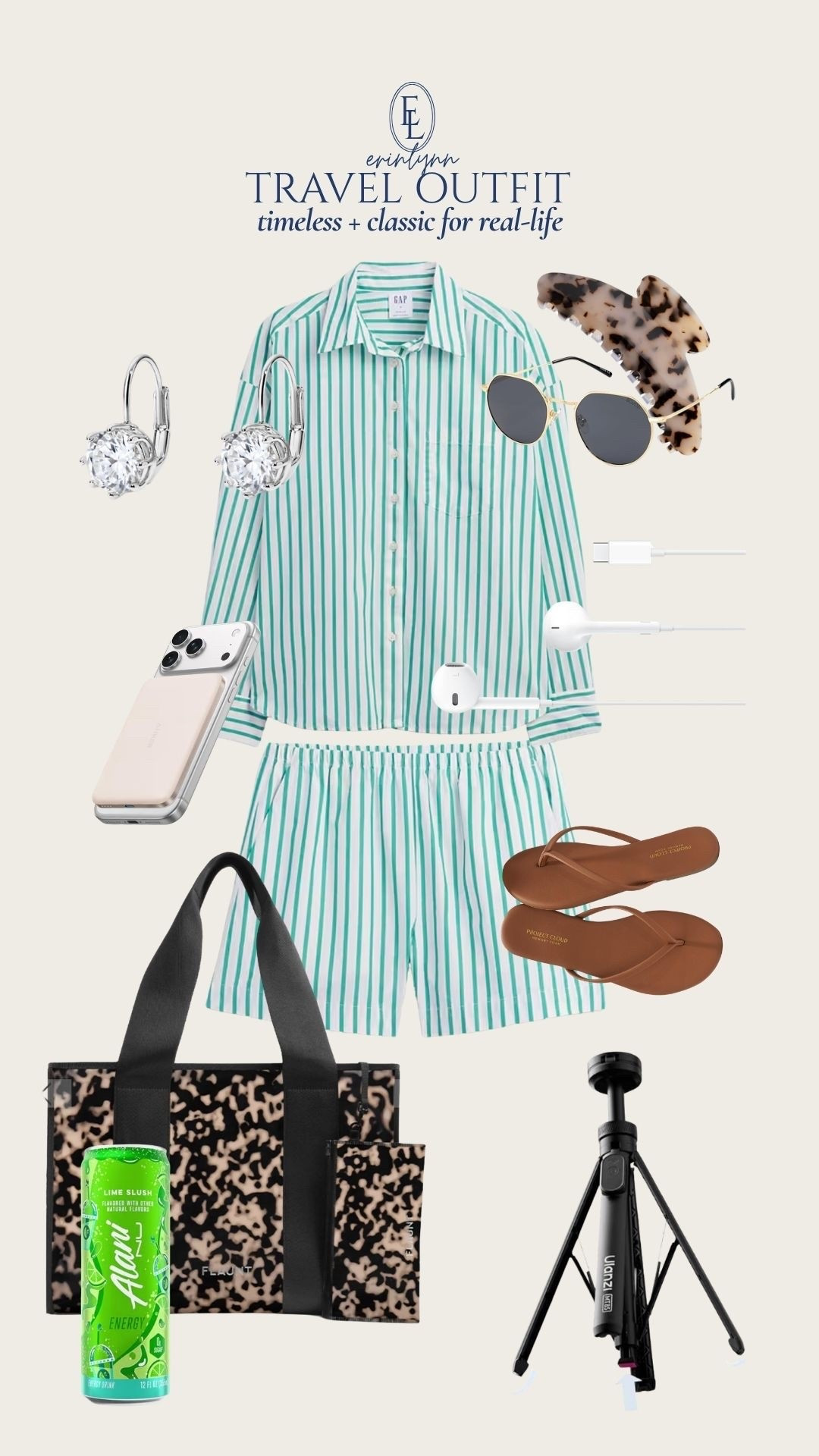 Travel outfit lately = matching sets, easy flip flops, oversized totes that fit EVERYTHING, and a sweater or button down layer.

This striped set is one of my favorite recent finds because it looks put together but feels like pajamas. Linking all my travel favorites including the tote, tripod, portable charger, and little things that make travel days easier.

travel outfit • airport outfit • matching set outfit • classic style • timeless fashion • travel essentials • oversized tote bag • comfortable travel outfit • striped set • casual chic outfit • 90s mom style • effortless style • summer travel outfit • airport style • travel day essentials