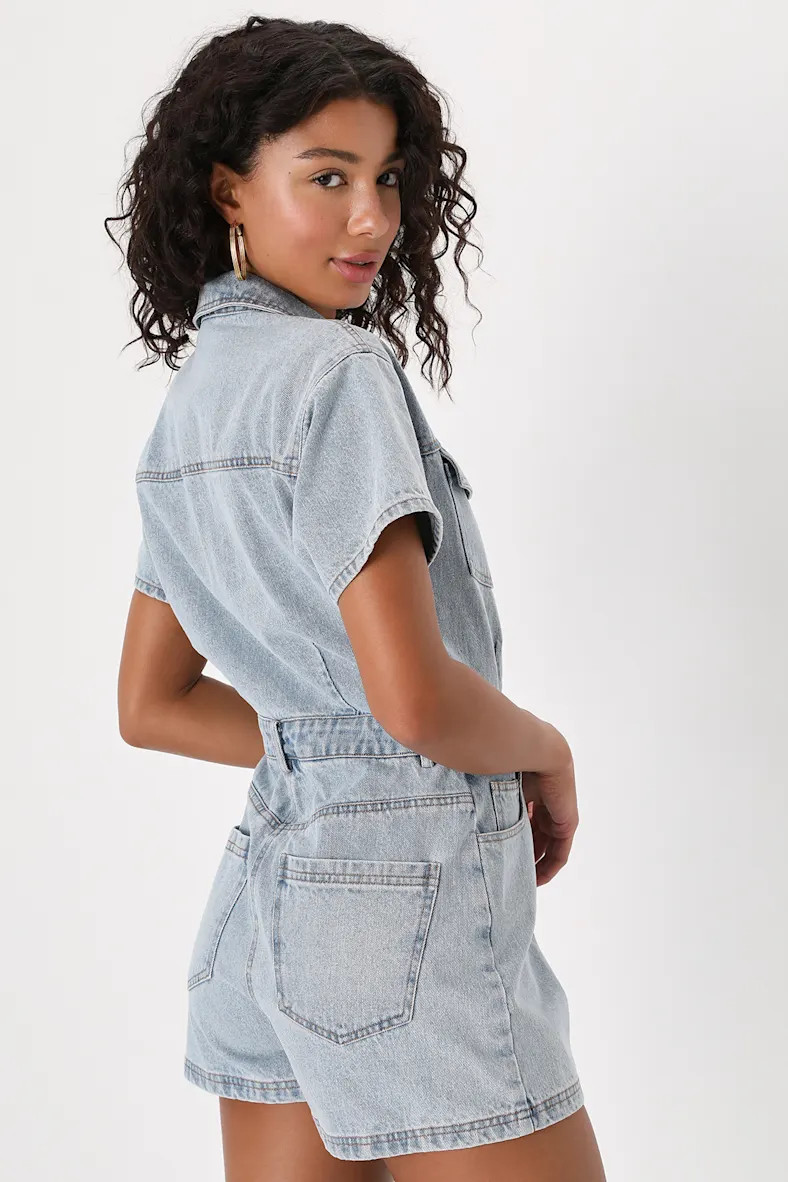Festival Feelin' Light Wash Short Sleeve Denim Romper | Lulus (US)