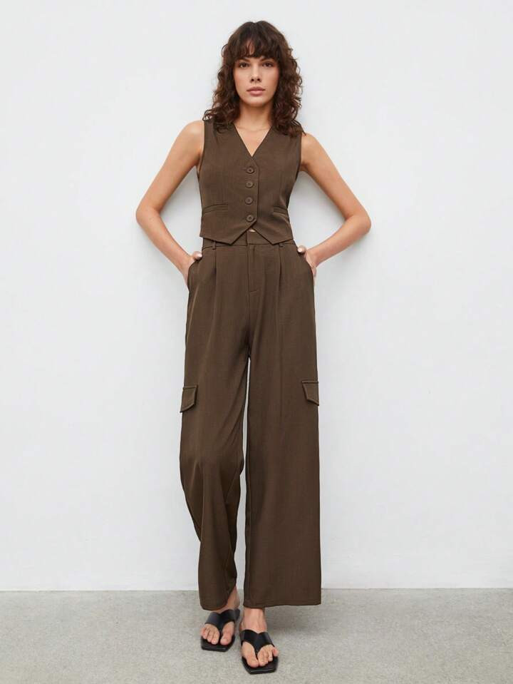 SHEIN BIZwear Blazer chaleco unicolor con botón delantero & Pantalones de pierna ancha | SHEIN