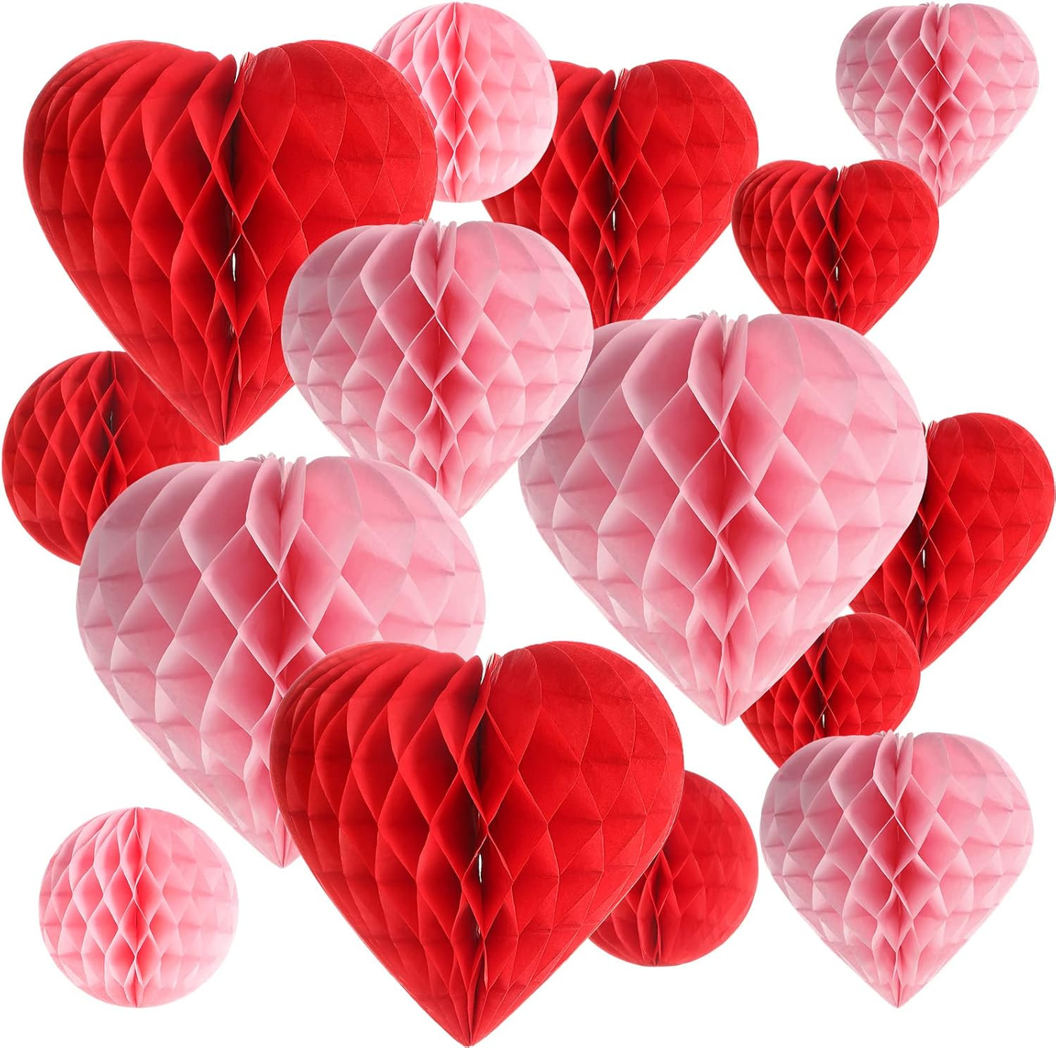 16 Pieces Valentine's Day Heart & Ball Tissue Paper Honeycomb Ball Love Heart Decoration Pom Poms... | Amazon (US)