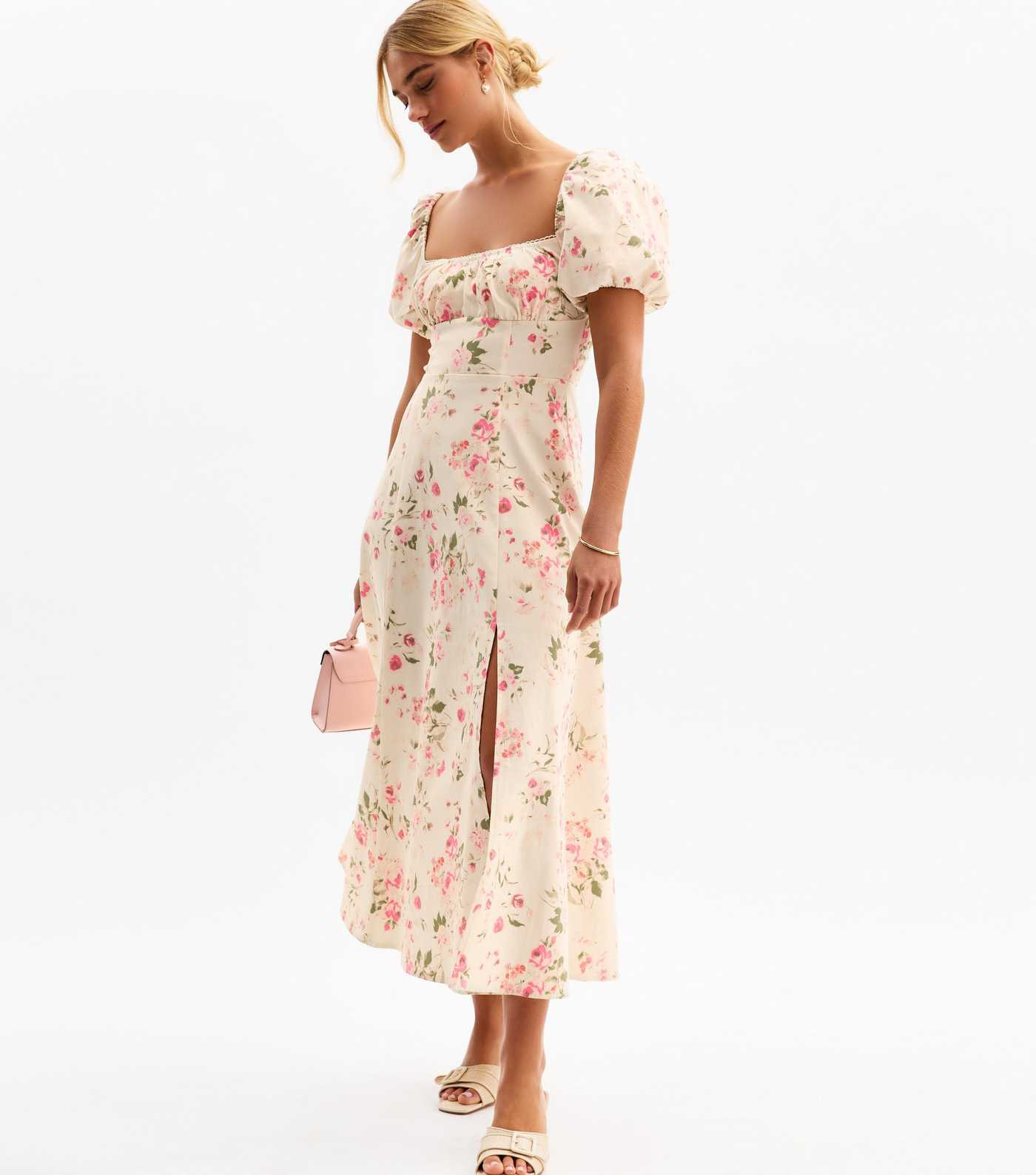 Off White Floral Print Puff Sleeve Midi Dress | New Look | New Look (UK)
