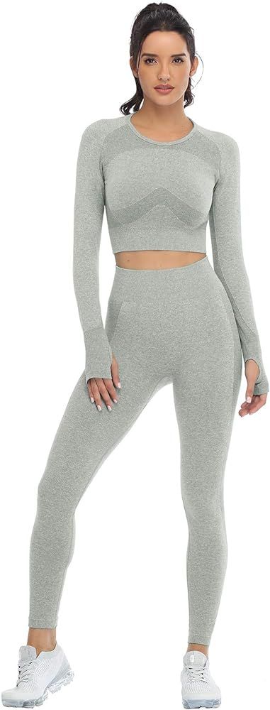 JOLLMONO Two Piece Workout Outfits for Women, High Waisted Yoga Leggings and Long Sleeve Crop Top... | Amazon (US)