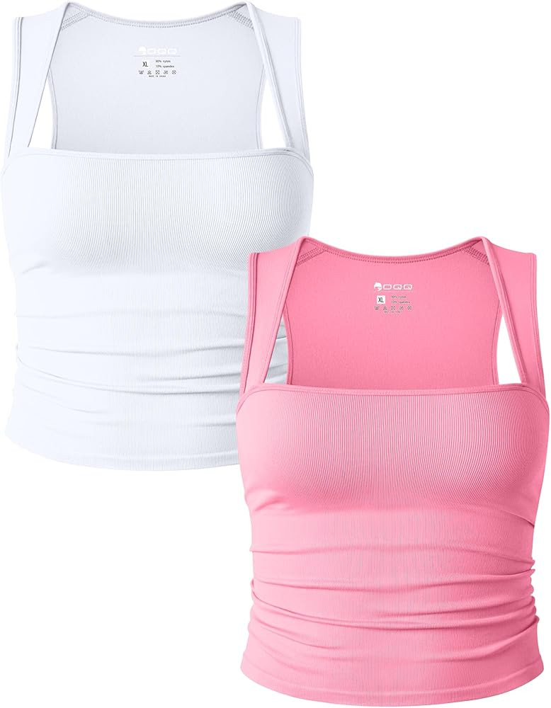 OQQ Womens 2 Piece Tank Tops Rueched Sleeveless Square Neck Ribbed Stretch Basic Shirts | Amazon (US)