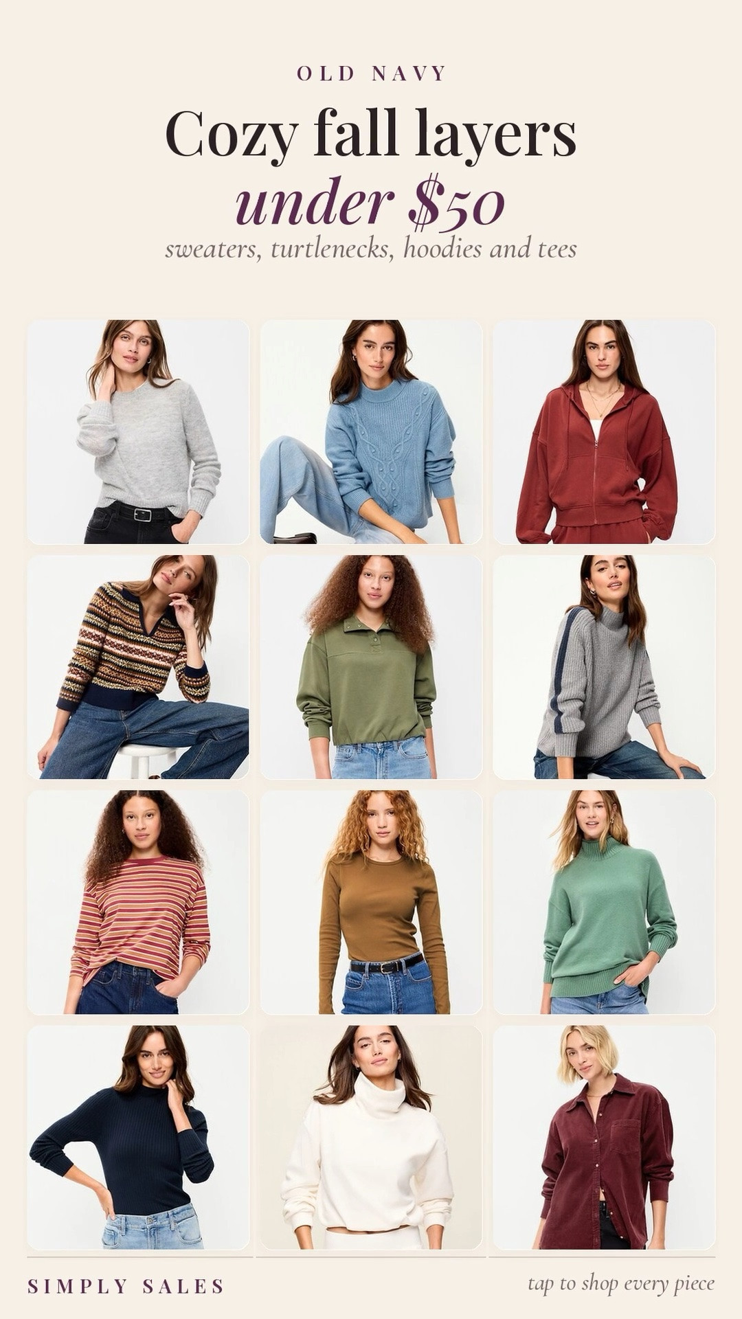 Old Navy's cozy layers are all under $50, and the long sleeve tees start at $19.99.
The SoSoft turtleneck is $44.99 and the cable knit sweater is $49.99. There's also a fair isle polo sweater, a rust zip hoodie, a burgundy corduroy boyfriend shirt, and a fleece funnel neck pullover for $29.99.
old navy fall, cozy sweaters, fall layers, turtleneck sweater, cable knit sweater, corduroy shirt, funnel neck sweatshirt, fall outfits women, affordable fall fashion, old navy finds, long sleeve tees, fall capsule wardrobe

#LTKootd #LTKMidsize #LTKOver40