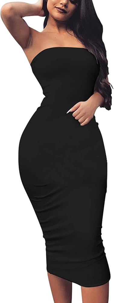 BORIFLORS Women's Basic Sleeveless Tube Top Sexy Strapless Bodycon Midi Club Dress | Amazon (US)