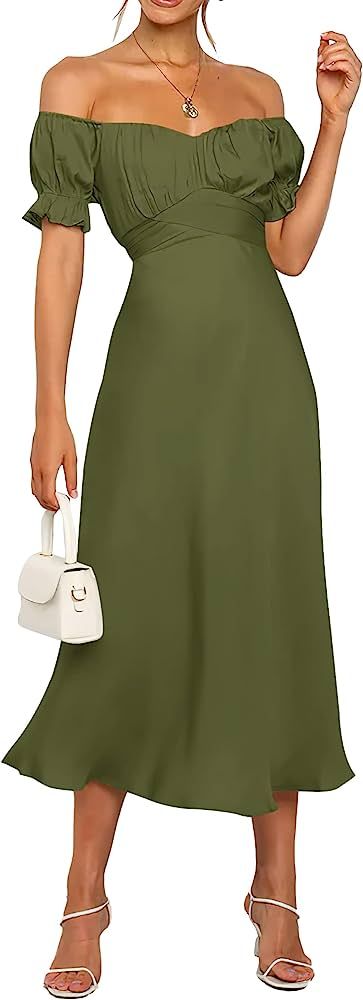 KIRUNDO 2023 Summer Women's Satin Midi Dresses Off Shoulder Wrap Ruched Wedding Guest Party Cockt... | Amazon (US)