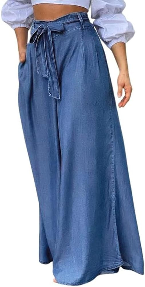 chouyatou Women's Casual Tie Knot Denim Pant High Waist Wide Leg Dressy Jean Pants Palazzo Culott... | Amazon (US)
