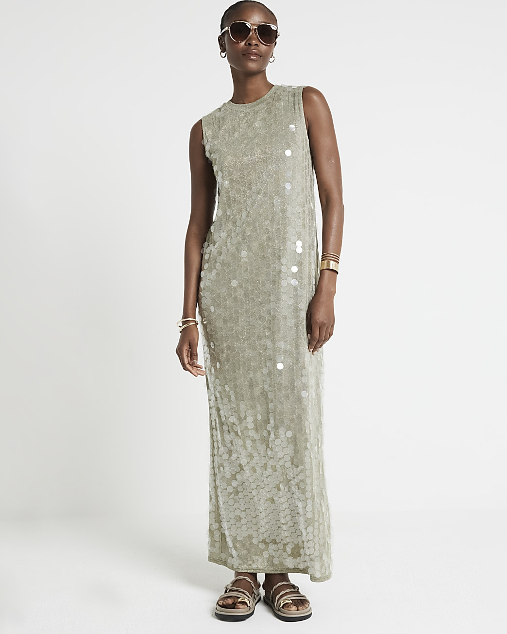 Green sequin bodycon maxi dress | River Island (UK & IE)