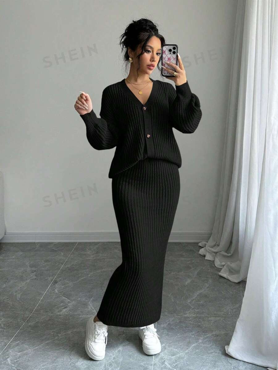 SHEIN Elenzya Women's Solid Color Long Sleeve Single-Breasted Cardigan And Knitted A-Line Midi Sk... | SHEIN