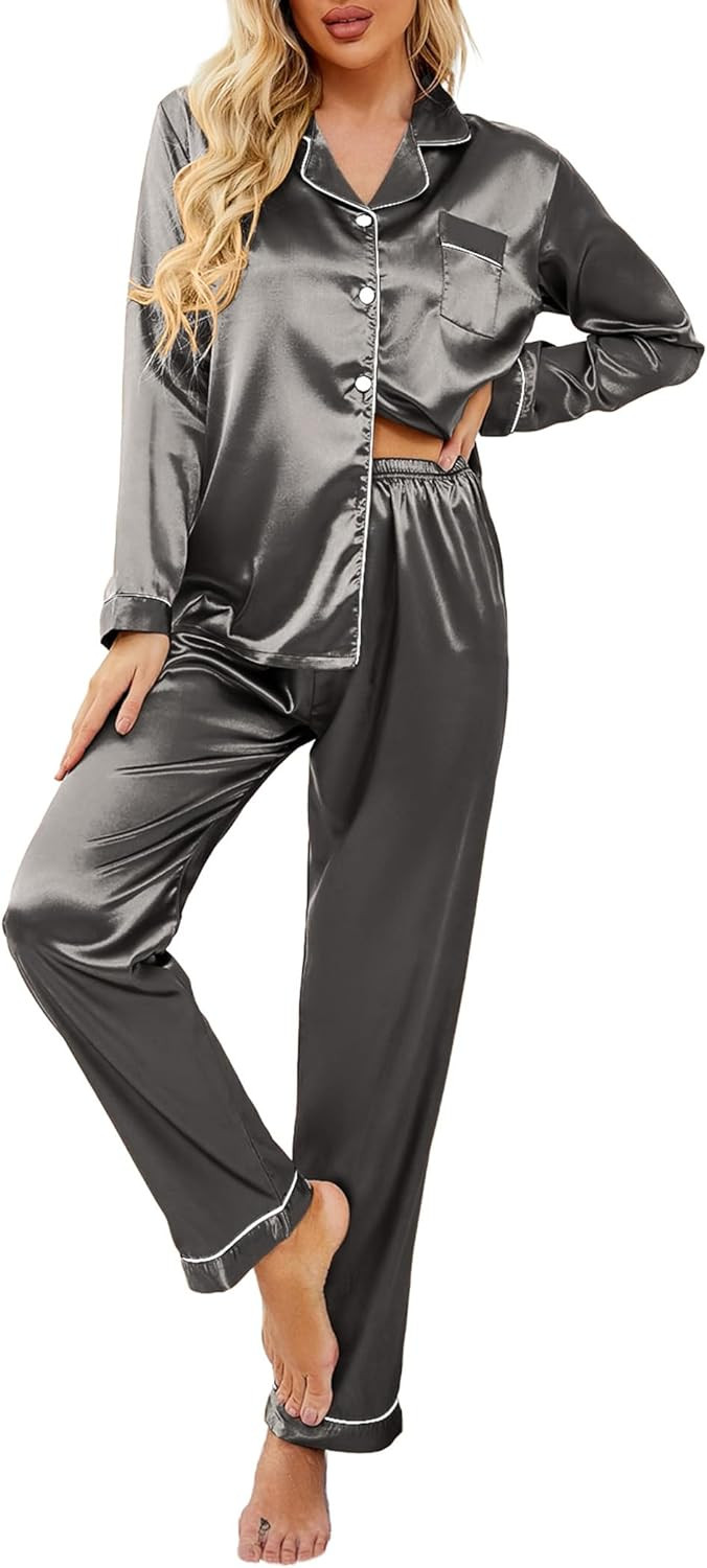 Ekouaer Women's Classic Button Down Long Satin Silk Pajama Set | Amazon (US)