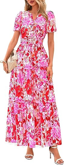 PRETTYGARDEN Women's 2026 Summer Boho Maxi Dresses Floral Short Sleeve V Neck A Line Tiered Flowy... | Amazon (US)