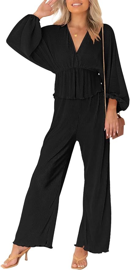 Viottiset Women's 2 Piece Outfits Pleated Loungewear Wide Leg Pants Sweatsuit V Neck Lounge Set | Amazon (US)
