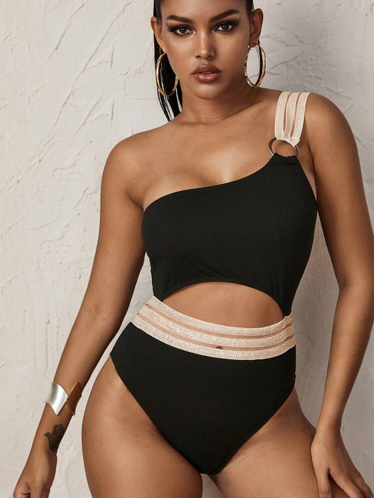 Rib Contrast Mesh Cut-out One Piece Swimwear | SHEIN