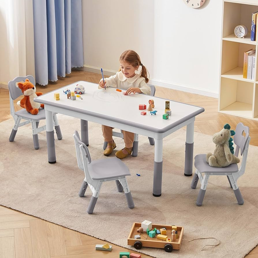 Toddler Table and Chairs Set for 4, 47.2''L x 23.6''W Kids Study Table and Chair Set, Height-Adju... | Amazon (US)