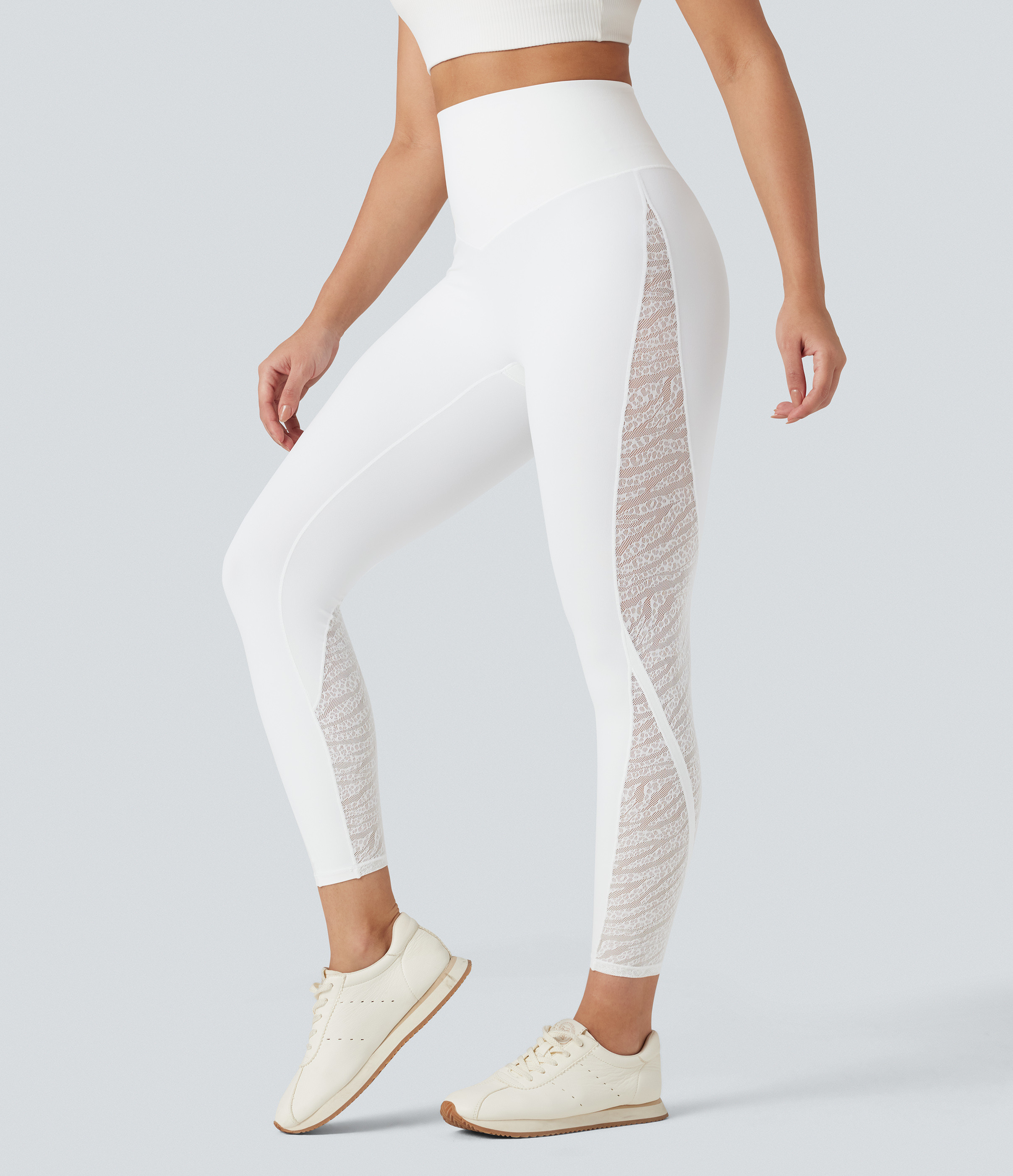 Halara Halara UltraSculpt™ SoCinched High Waisted Tummy Control Contrast Lace Yoga Leggings with Pocket - White - XL(7/8) gym leggings | HALARA