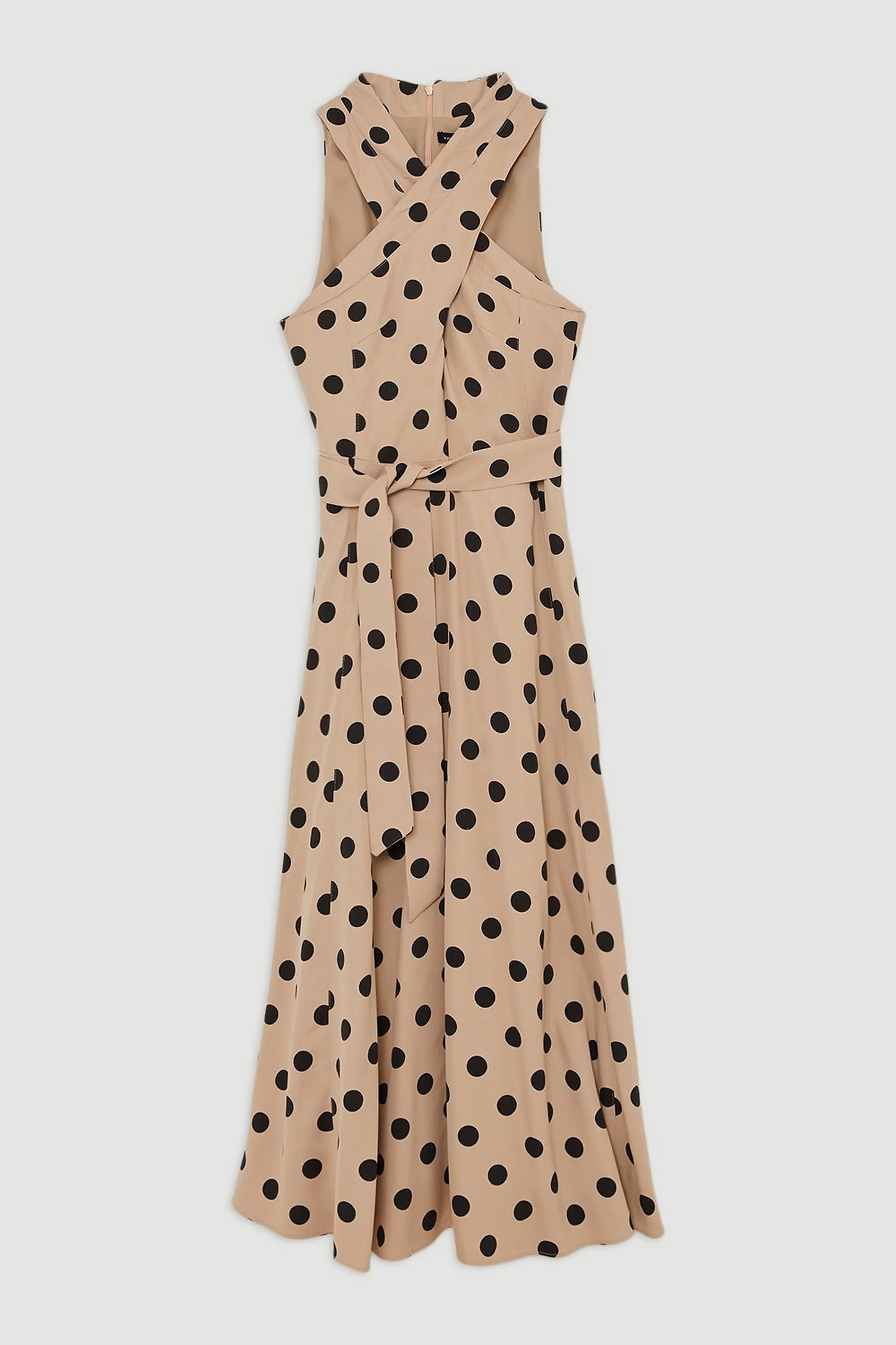 Polka Dot Premium Linen Tailored Halterneck Full Skirted Midi Dress | Karen Millen UK + IE + DE + NL
