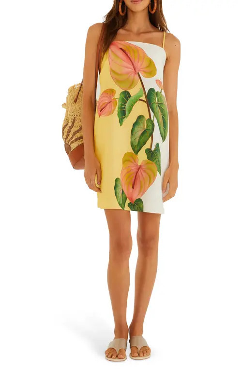 FARM Rio Anthurium Golden Linen Shift Minidress in Golden Yellow at Nordstrom, Size X-Large | Nordstrom